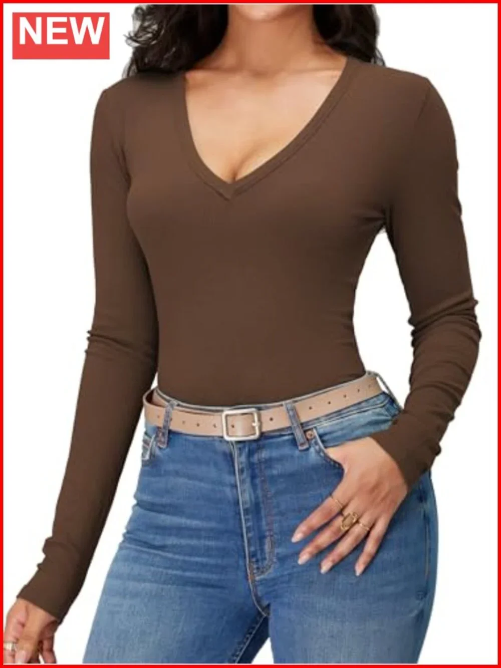 Women's Long Sleeve V Neck Ribbed Knit Slim Fit Business Casual Top
